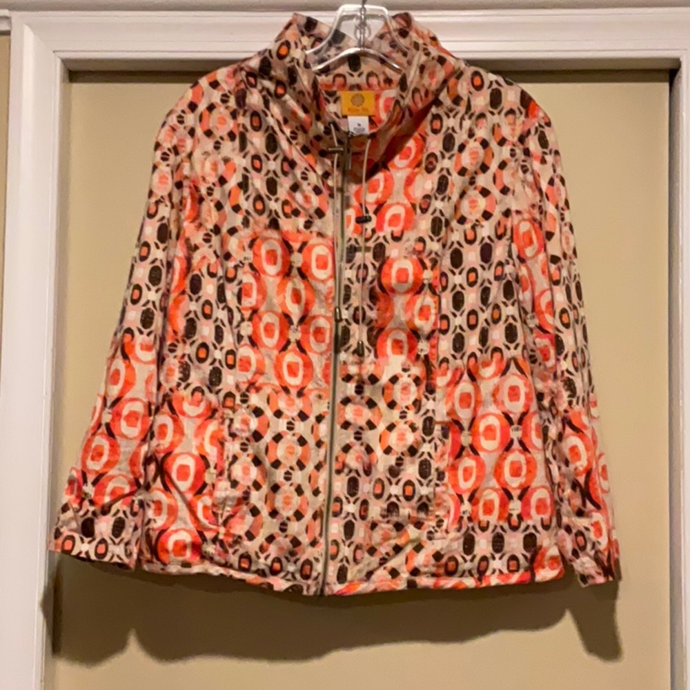 Ruby Rd Vibrant Print Coral and Brown Zip Up Jacket